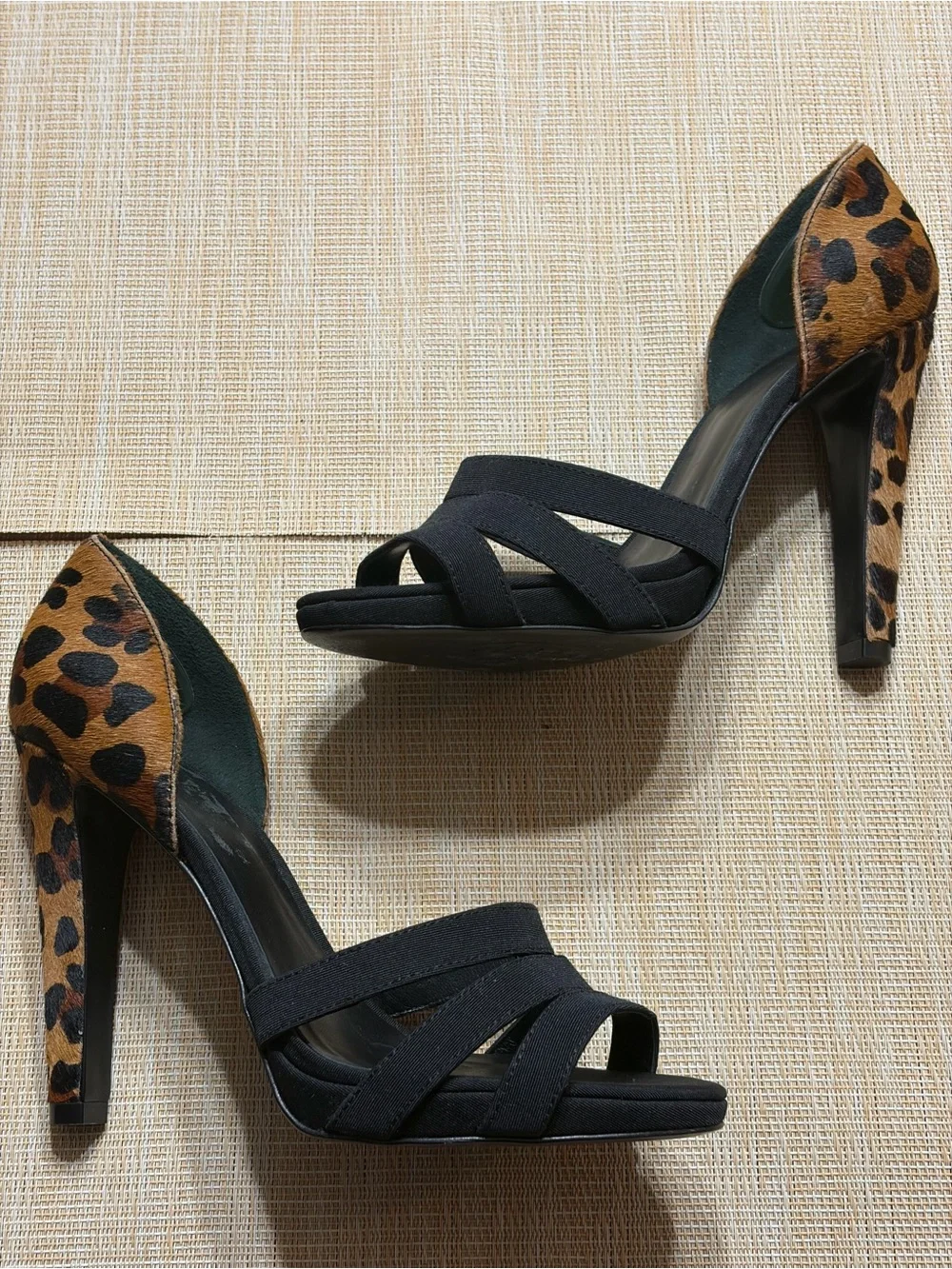 Tory Burch Black Sandals with Leopard Heel Accent